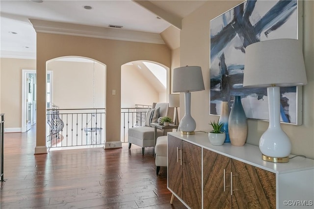 3300 Riverglade Rd, Powhatan, VA 23139 - corridor featuring ornamental molding, dark wood finished floors, arched walkways, and an upstairs landing