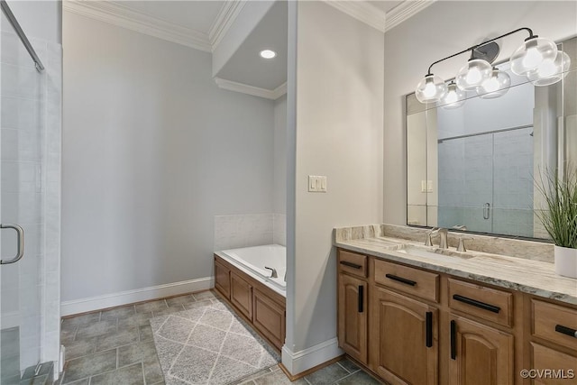 3300 Riverglade Rd, Powhatan, VA 23139 - full bathroom featuring a stall shower, vanity, a garden tub, and crown molding
