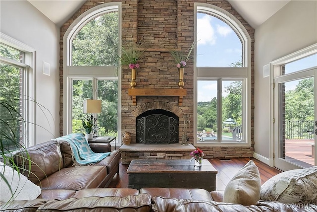 3300 Riverglade Rd, Powhatan, VA 23139 - living area featuring high vaulted ceiling, hardwood / wood-style flooring, and healthy amount of natural light