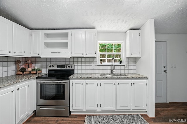 209 Oak Hill Rd, Prospect, VA 23960 - kitchen with stainless steel range with electric stovetop, ventilation hood, dark wood-style flooring, white cabinets, and a textured ceiling