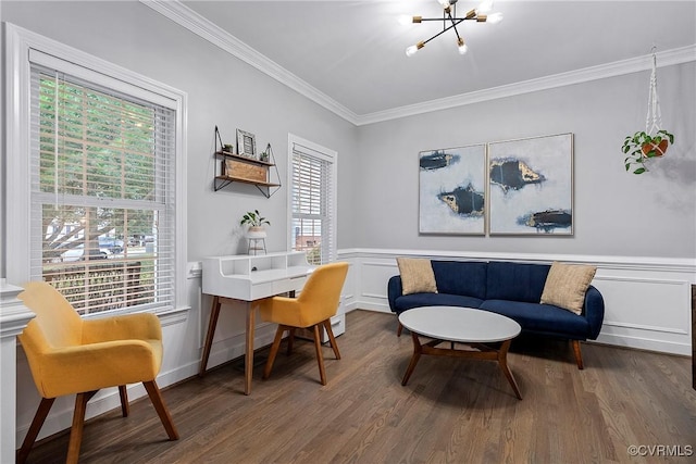 9032 Fascine Ct, Mechanicsville, VA 23116 - office space with a chandelier, ornamental molding, wood finished floors, a wainscoted wall, and a decorative wall