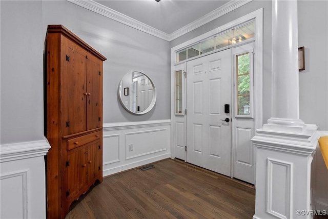 9032 Fascine Ct, Mechanicsville, VA 23116 - foyer entrance with dark wood-style flooring, ornamental molding, and wainscoting