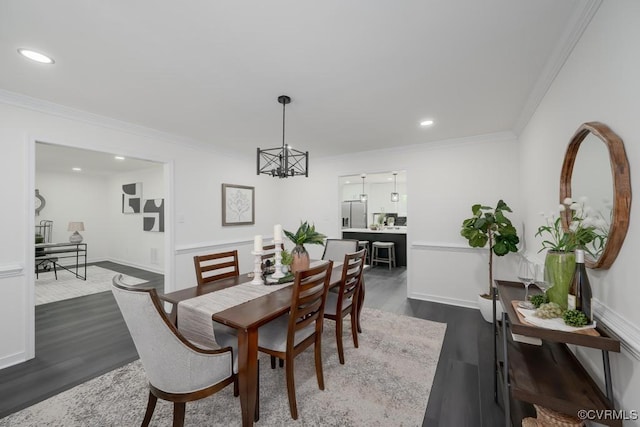 2629 Maidens Rd, Powhatan, VA 23139 - dining space with dark wood-type flooring, crown molding, recessed lighting, and a chandelier