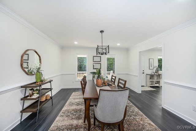 2629 Maidens Rd, Powhatan, VA 23139 - dining area featuring dark wood-type flooring, crown molding, recessed lighting, and a chandelier