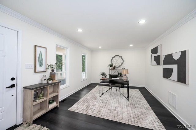 2629 Maidens Rd, Powhatan, VA 23139 - office space with crown molding, recessed lighting, and dark wood finished floors