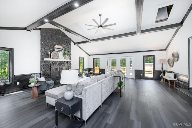 2629 Maidens Rd, Powhatan, VA 23139 - living room featuring a fireplace, a ceiling fan, and dark wood finished floors
