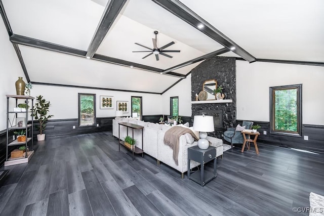 2629 Maidens Rd, Powhatan, VA 23139 - living area featuring wainscoting, a ceiling fan, a fireplace, beam ceiling, and wood finished floors