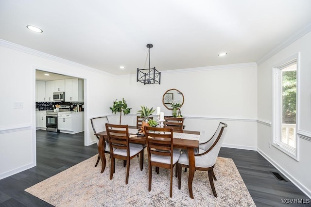 2629 Maidens Rd, Powhatan, VA 23139 - dining room with dark wood-style flooring, recessed lighting, and ornamental molding