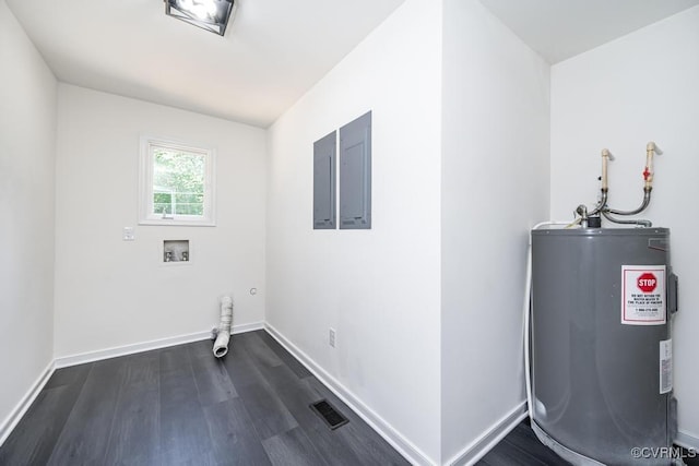 2629 Maidens Rd, Powhatan, VA 23139 - washroom featuring water heater, dark wood-type flooring, electric panel, and hookup for a washing machine