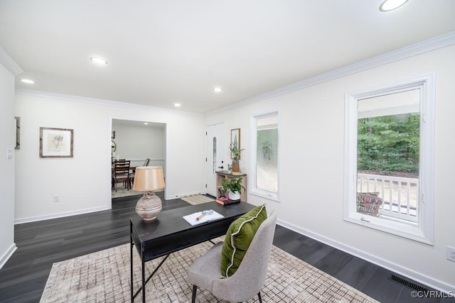 2629 Maidens Rd, Powhatan, VA 23139 - office area featuring dark wood-style floors, recessed lighting, and crown molding