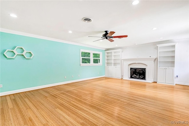 3 Milby Cir, Sandston, VA 23150 - unfurnished living room with ceiling fan, ornamental molding, recessed lighting, light wood-type flooring, and a fireplace with raised hearth