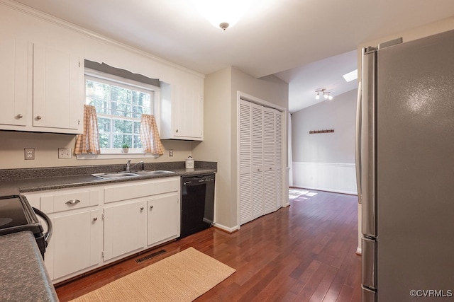 2713 Brookforest Rd, Midlothian, VA 23112 - kitchen featuring black appliances, white cabinetry, dark countertops, dark wood-style flooring, and lofted ceiling
