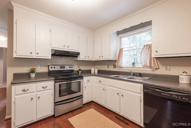 2713 Brookforest Rd, Midlothian, VA 23112 - kitchen featuring dishwasher, electric stove, under cabinet range hood, crown molding, and dark countertops