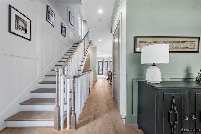 12340 Purbrook Walk, Henrico, VA 23233 - corridor with stairs, hardwood / wood-style flooring, a decorative wall, recessed lighting, and french doors