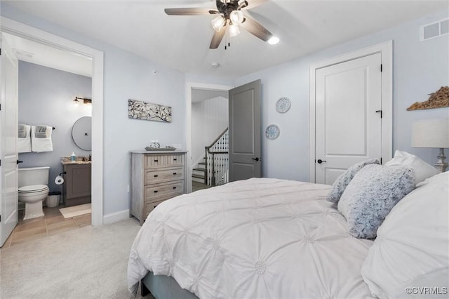12340 Purbrook Walk, Henrico, VA 23233 - bedroom with light carpet, ensuite bath, a ceiling fan, and light tile patterned floors