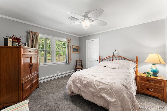 77 Kent Cove Rd, Kilmarnock, VA 22482 - bedroom with baseboard heating, dark carpet, ornamental molding, and a ceiling fan