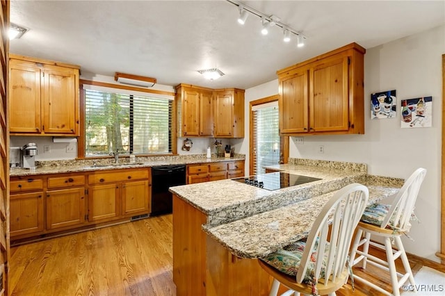13030 River Hills Dr, Midlothian, VA 23113 - kitchen with black appliances, track lighting, a peninsula, and healthy amount of natural light