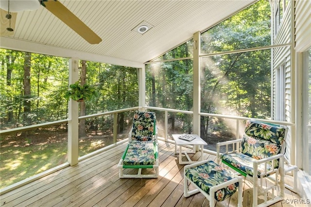 13030 River Hills Dr, Midlothian, VA 23113 - sunroom / solarium with ceiling fan, lofted ceiling, and view of scattered trees