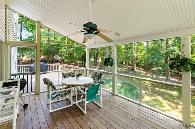 13030 River Hills Dr, Midlothian, VA 23113 - sunroom / solarium featuring ceiling fan, vaulted ceiling, and outdoor dining space