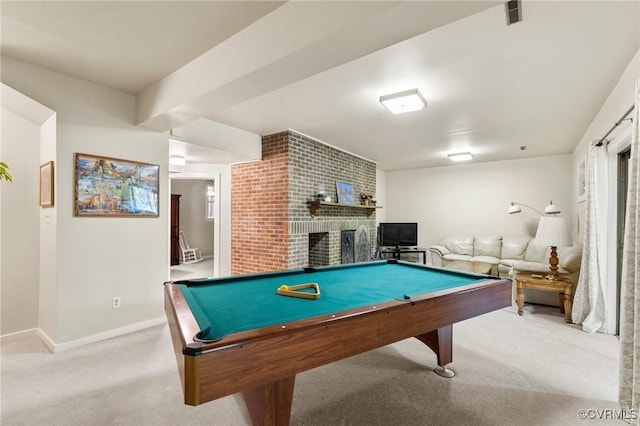 13030 River Hills Dr, Midlothian, VA 23113 - rec room featuring light colored carpet, billiards table, and a fireplace