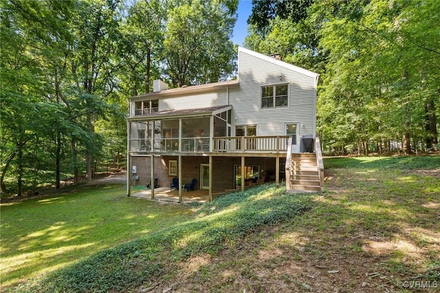13030 River Hills Dr, Midlothian, VA 23113 - rear view of property featuring a chimney, a sunroom, a deck, a patio area, and stairway