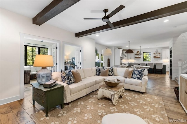 3719 Waverton Dr, Midlothian, VA 23112 - living room with beam ceiling, light wood-style floors, a ceiling fan, and recessed lighting