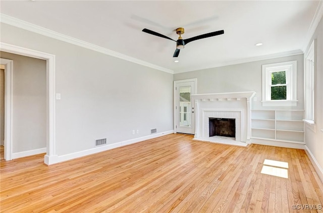 4700 New Kent, Quinton, VA 23141 - unfurnished living room with light wood-style floors, a ceiling fan, crown molding, a fireplace, and recessed lighting