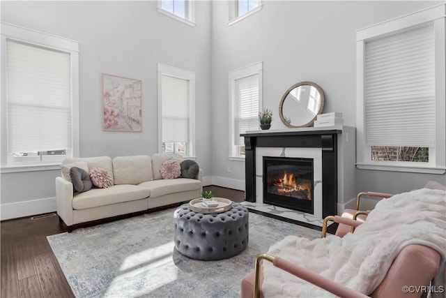 208 Minor St, Richmond, VA 23222 - living room with wood finished floors, a high end fireplace, and a towering ceiling