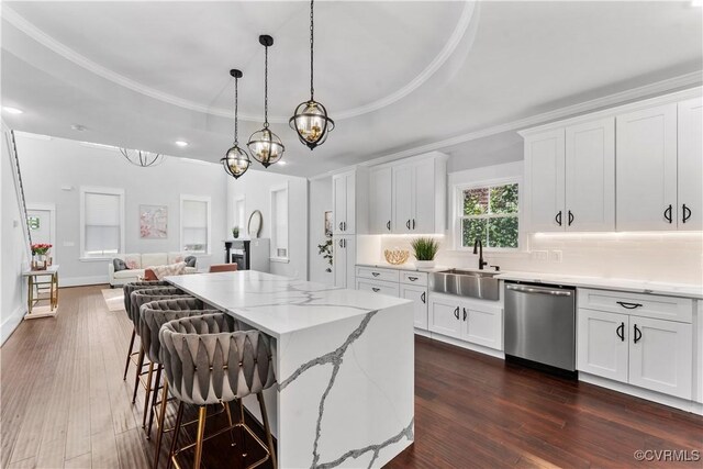 208 Minor St, Richmond, VA 23222 - kitchen with stainless steel dishwasher, a tray ceiling, a kitchen island, dark wood-style floors, and open floor plan