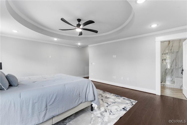 208 Minor St, Richmond, VA 23222 - bedroom with a tray ceiling, recessed lighting, wood finished floors, crown molding, and connected bathroom