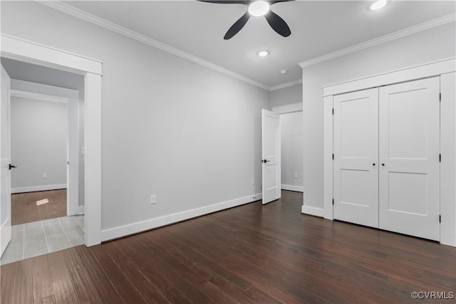208 Minor St, Richmond, VA 23222 - unfurnished bedroom featuring wood finished floors, ornamental molding, recessed lighting, ceiling fan, and a closet