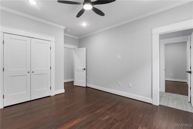 208 Minor St, Richmond, VA 23222 - unfurnished bedroom featuring wood finished floors, crown molding, recessed lighting, a closet, and ceiling fan