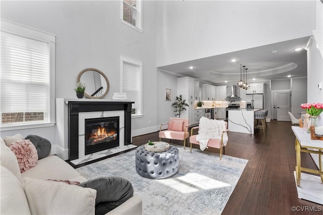 208 Minor St, Richmond, VA 23222 - living area with a fireplace with flush hearth, dark wood-type flooring, a high ceiling, and a raised ceiling