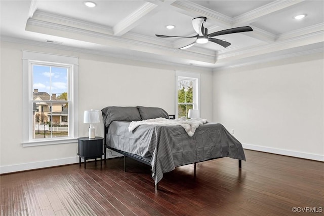 210 Minor St, Richmond, VA 23222 - bedroom with hardwood / wood-style flooring, crown molding, beam ceiling, coffered ceiling, and ceiling fan