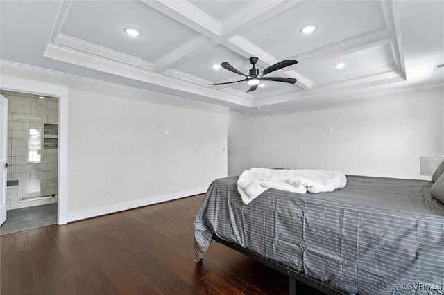 210 Minor St, Richmond, VA 23222 - bedroom featuring ornamental molding, wood finished floors, coffered ceiling, beamed ceiling, and a ceiling fan