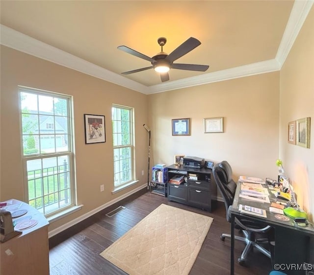17419 Great Falls Cir, Moseley, VA 23120 - office space featuring crown molding, a ceiling fan, and dark wood-style floors