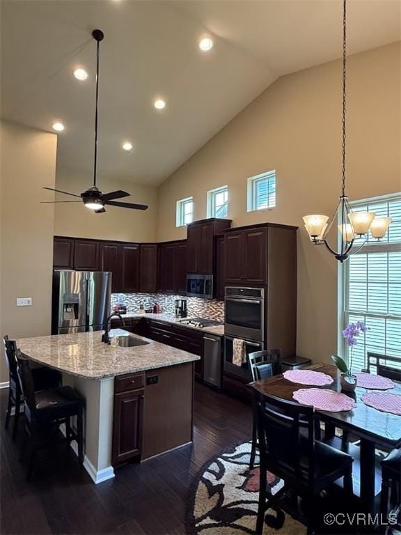 17419 Great Falls Cir, Moseley, VA 23120 - kitchen featuring appliances with stainless steel finishes, dark wood-style floors, dark brown cabinetry, an island with sink, and high vaulted ceiling