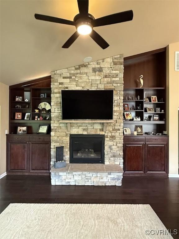 17419 Great Falls Cir, Moseley, VA 23120 - living room featuring dark wood-style floors, a ceiling fan, vaulted ceiling, and built in features
