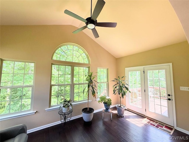 17419 Great Falls Cir, Moseley, VA 23120 - living area featuring wood finished floors, a ceiling fan, and high vaulted ceiling