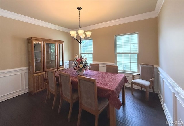 17419 Great Falls Cir, Moseley, VA 23120 - dining space with a chandelier, ornamental molding, a decorative wall, a wainscoted wall, and dark wood-style floors
