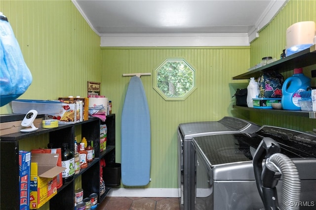 3942 Hickory Rd, Richmond, VA 23235 - laundry room featuring independent washer and dryer, ornamental molding, wallpapered walls, and tile patterned floors