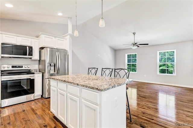 344 Land Or Dr, Ruther Glen, VA 22546 - kitchen with appliances with stainless steel finishes, lofted ceiling, dark wood finished floors, a ceiling fan, and a breakfast bar area