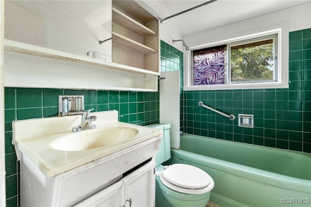 6002 Indigo Rd, Richmond, VA 23230 - bathroom with tile walls, vanity, and shower / tub combination