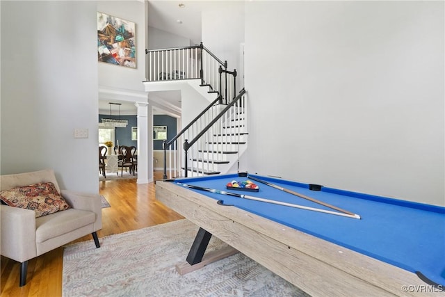 3608 Tyverton Ct, Henrico, VA 23233 - game room featuring wood finished floors, ornate columns, billiards table, and a high ceiling