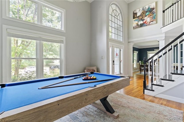 3608 Tyverton Ct, Henrico, VA 23233 - game room featuring a towering ceiling, plenty of natural light, wood finished floors, and billiards