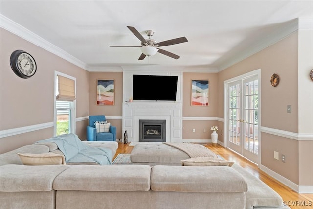 3608 Tyverton Ct, Henrico, VA 23233 - living area featuring plenty of natural light, ceiling fan, light wood finished floors, crown molding, and a fireplace