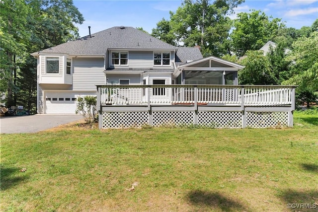 3608 Tyverton Ct, Henrico, VA 23233 - back of house featuring a wooden deck, a sunroom, asphalt driveway, a yard, and an attached garage
