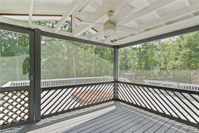 3608 Tyverton Ct, Henrico, VA 23233 - unfurnished sunroom featuring ceiling fan, view of scattered trees, and healthy amount of natural light