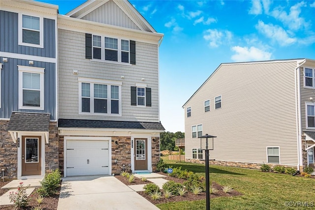 585 Rivanna Hill Rd, Glen Allen, VA 23060 - multi unit property with board and batten siding, stone siding, a front lawn, a garage, and driveway