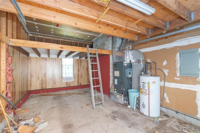 7710 Buttermere Ct, Chesterfield, VA 23832 - basement featuring water heater, wood walls, and electric panel